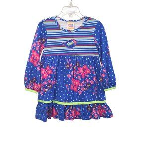 Sweet Potatoes Girls Dress Size 3T Blue Striped & Floral Cotton Long Sleeve 3944